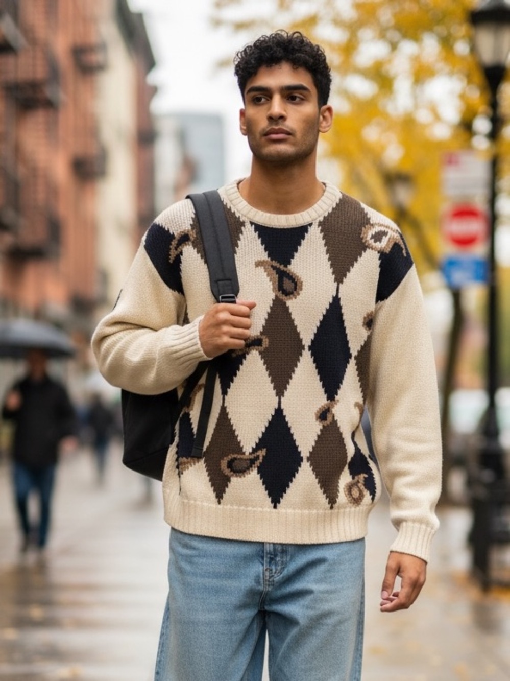 MENS 90’s Y2K EMBASSY ROW COTTON ARGYLE PAISLEY CHUNKY KNIT SWEATER SMALL COZY